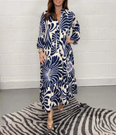 Vintage Print Turn-down Collar Long Sleeve Maxi Boho Dress